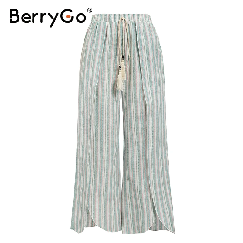 BerryGo, хлопковые, льняные, широкие брюки, женские, для отдыха, пляжные, с кисточками, повседневные штаны, женские, эластичные, с высокой талией, брюки, летние