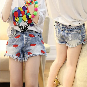

New Summer Kids Short Denim Shorts For Girls Fashion Girls Princess Embroidery Lips Ripped Jeans Children Pants Girls Shorts