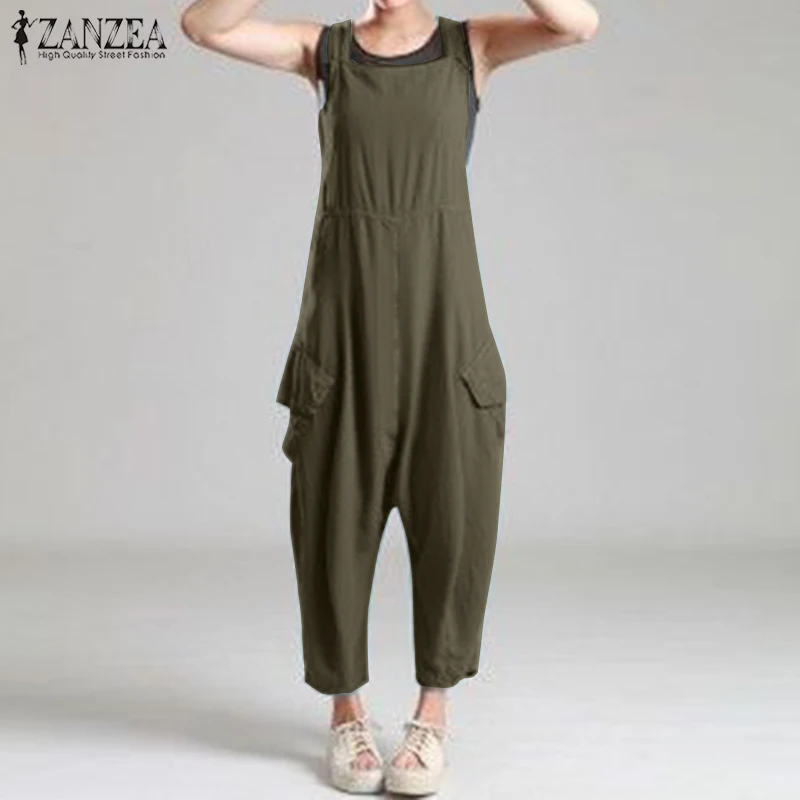 

Plus Size Turnip Jumpsuits ZANZEA Women's Drop Crotch Overalls Fashion Casual Button Sleeveless Playsuits Pants Female Rompers