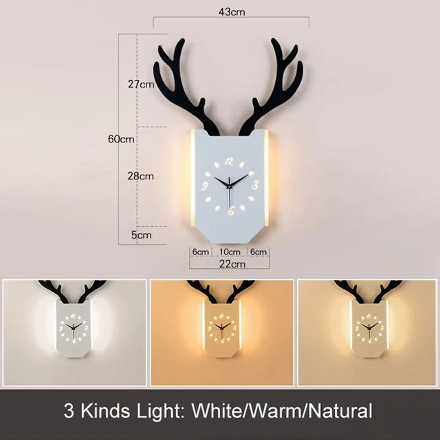 A Tricolor light Nordic Led Wall Light Antlers Clock Sconce Lamp Modern Creative Deer Wood Lamps Living Room Bedroom Bedside Hanging Clock Decor - Цвет абажура: A Tricolor light