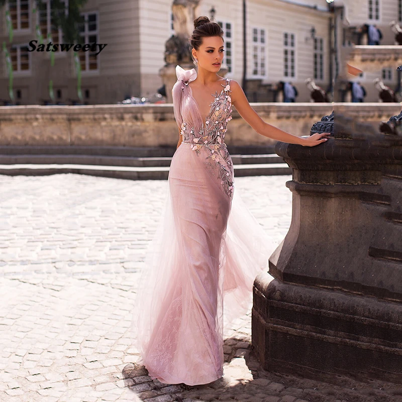 Pink Prom Dress Sexy Sleeveless Tulle Lace Applique Mermaid Long Prom Gowns Backless Floor Length Evening Gown graduation dress