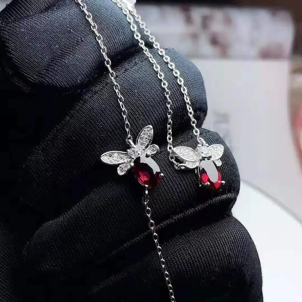Ruby Set Натуральный рубин S925 серебро браслет ожерелье набор диопсид пчела набор простой и элегантный - Цвет камня: Ruby Set