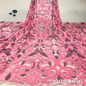 

Shining Sequence pink velvet Lace Fabric sequins French Laces Fabrics High Quality Tulle French Nigerian Lace Applique Dress