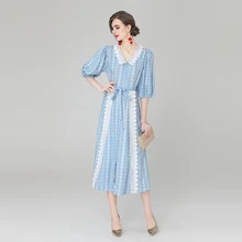 

2021 New Fall Fashion Designer Runway Lace Patchwork Woman`s Dresses V-Neck Puff Sleeve Sky-Blue Elgant Party Vintage Midi Dress