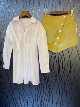 

2020 Early Autumn New Women's Cross-Breasted Color Matching Waist Lapel Long Sleeve Midi Shirt 824