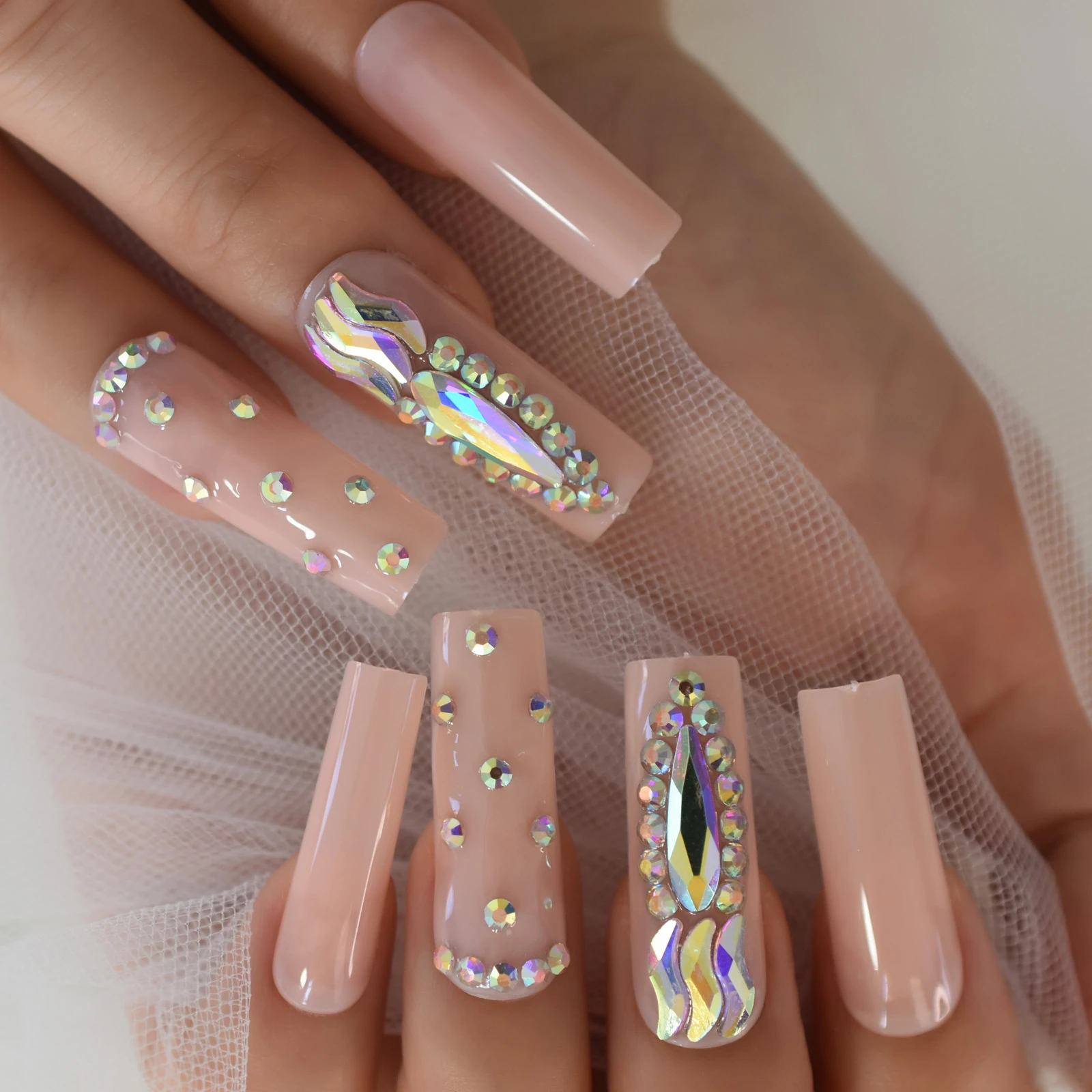 Glossy Long Press On Nail Flash Diamond Straight Tapered Square Full Cover Light Pink False Nail For Salons Party Wear Deco Tips False Nails Aliexpress