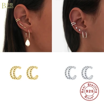 

BOAKO Real 925 Sterling Silver Hoop Earrings For Women Party Gifts Piercing Earring Thread Double Point Geometry Ear Clip
