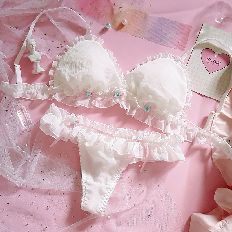Cute Japanese Chiffon Bra & Panties Set Wirefree Soft Underwear Sleep