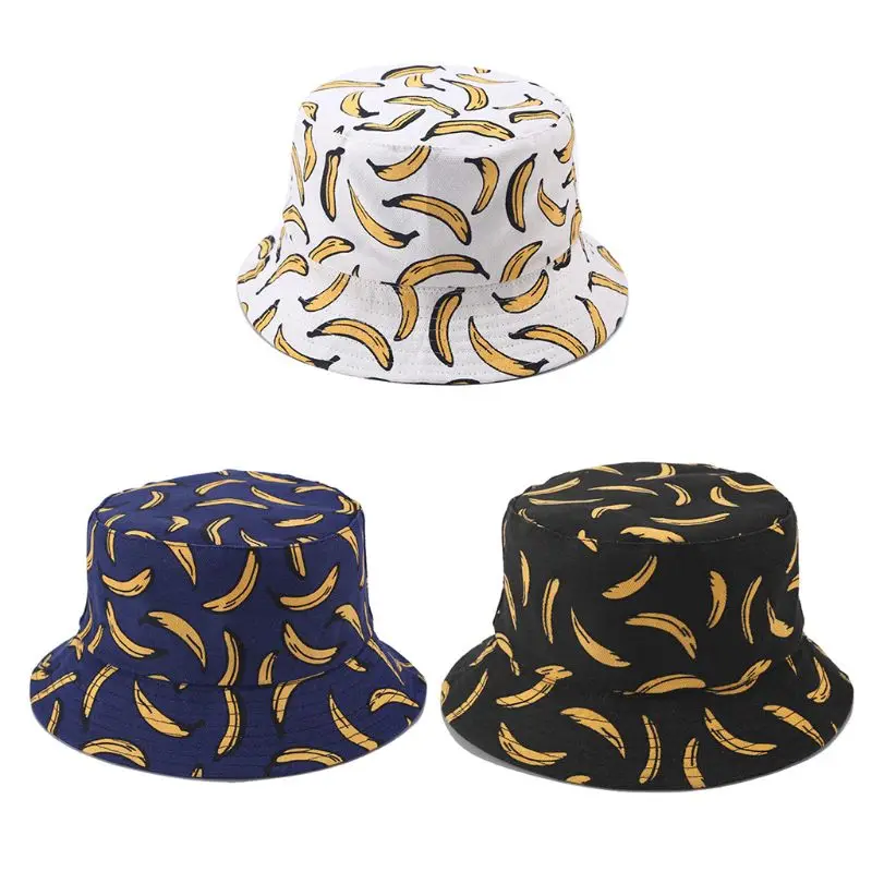 

Women Men Couples Bohemian Banana Print Bucket Hat Summer Reversible Packable Hip Hop Harajuku Streetwear Canvas Fisherman Cap