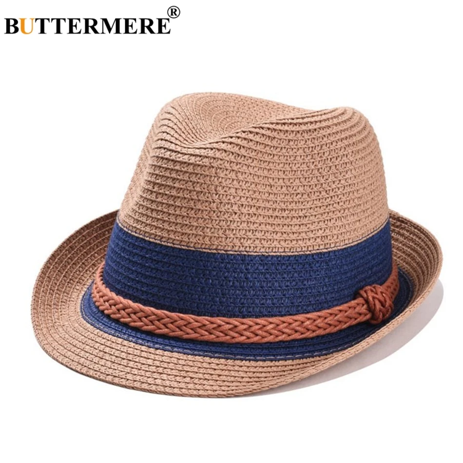BUTTERMERE Summer Sun Hat Women Straw Female Linen Panama Blue White Striped Patchwork Beach Brand Ladies Jazz Hat|Женские пляжные