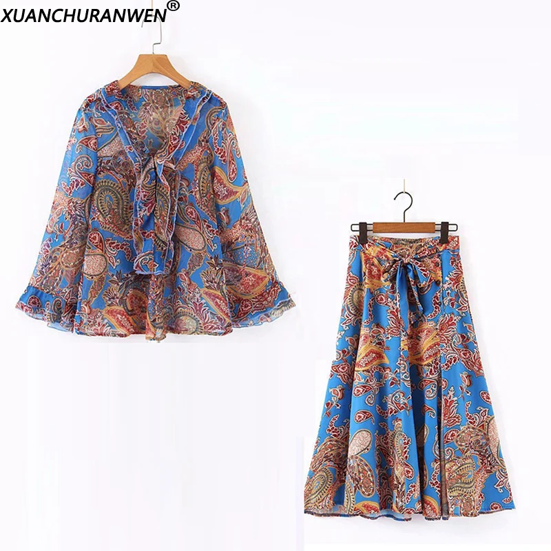 

Women Printed Two Piece Floral Set Flare Sleeve Chiffon Blouse High Waist Skirt Sets Female Vintage Outfit XZ2099