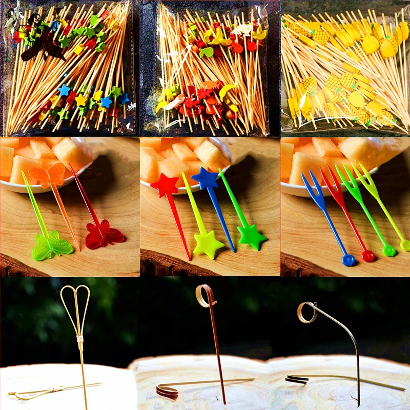 100 шт. 12 см палочки для фруктов и коктейлей различные стили бамбук/ПВХ буфет