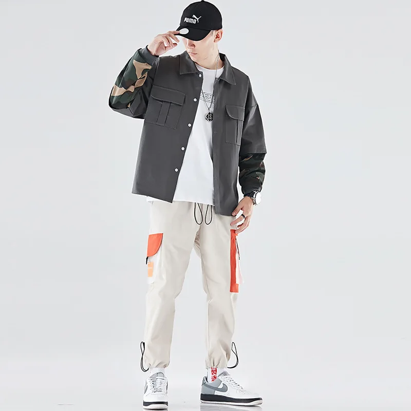 

[Jacket + Bib Overall] INS Origional Design Set Men's Camouflage Long Sleeve Jacket National Trends Bib Overall
