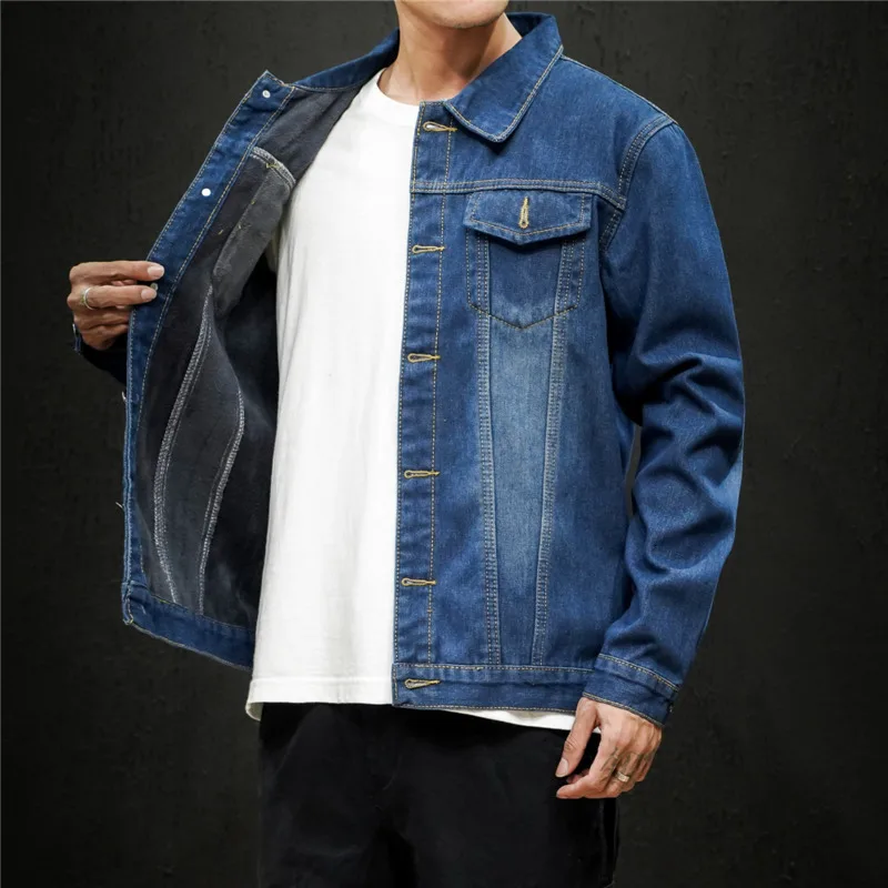 Plus Velvet Thick Denim Jacket Men's Slim Warm Fashion Casual Cotton Fur Collar Denim Jacket Man Streetwear Bomber Jacket Men