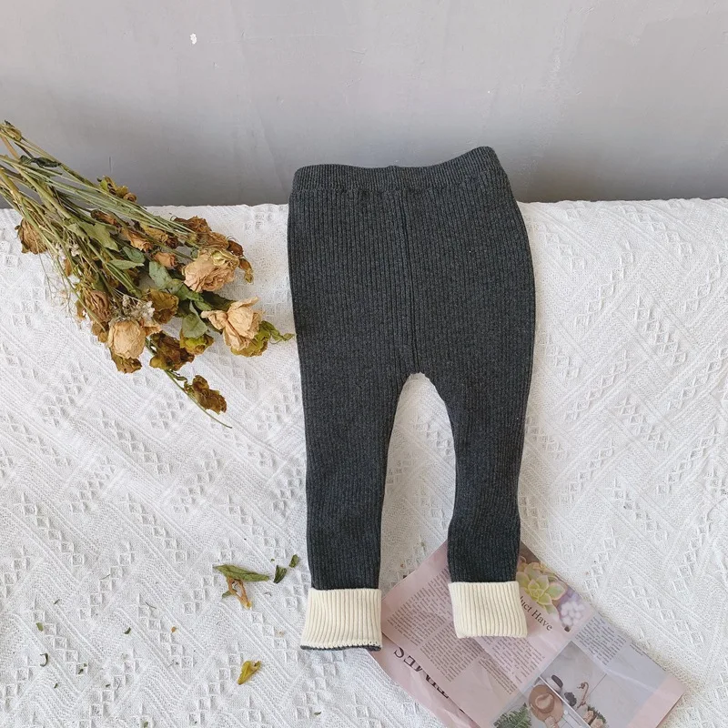 Осенне-зимние эластичные вязаные шерстяные леггинсы для мальчиков и девочек Детские теплые обтягивающие штаны с флисовой подкладкой - Цвет: Серый