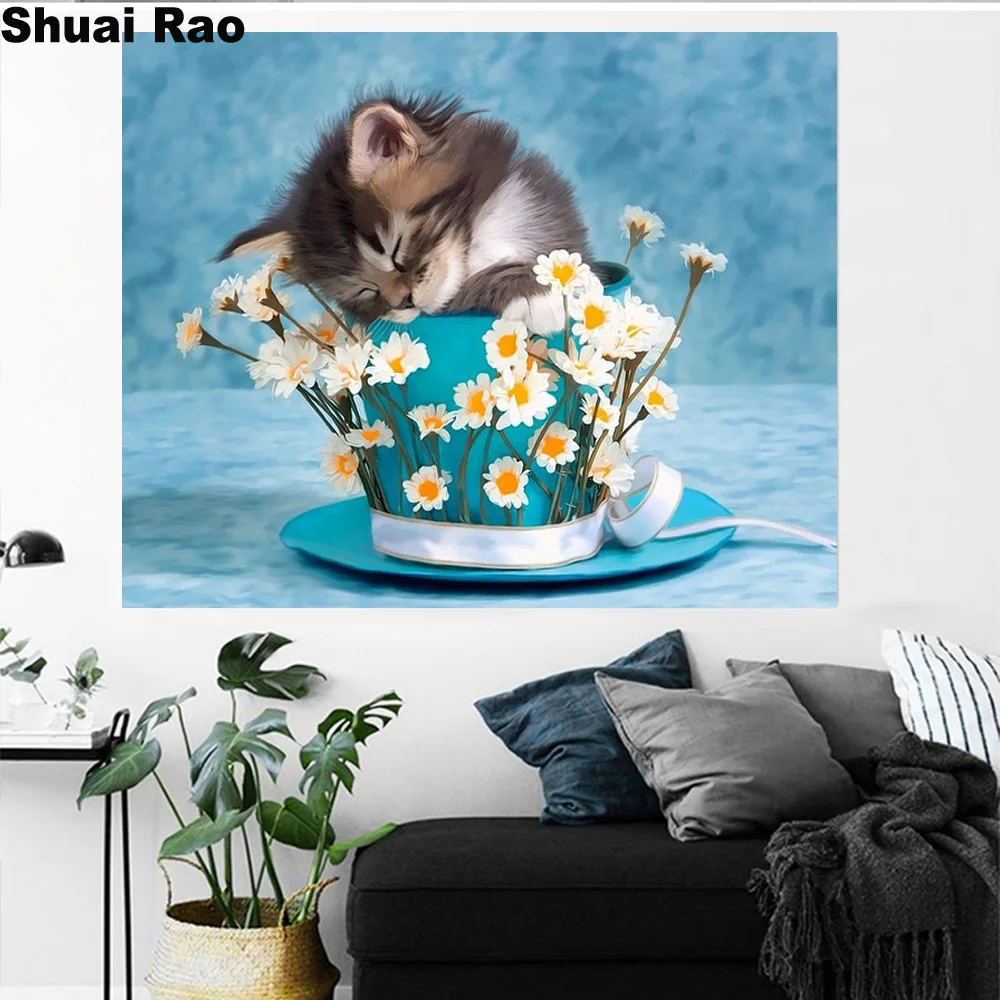 

Flower Pot Cat 5d diy diamond Painting full square round diamond mosaic 5D icon 3D embroidery sale home decoration daisy kitten,
