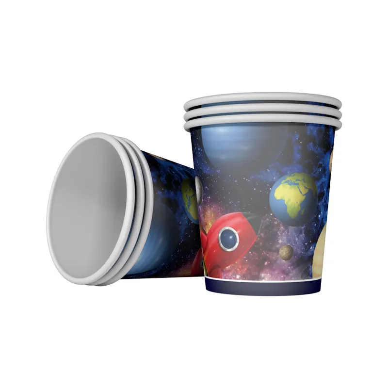 Cup 6pcs Одноразовые наборы посуды для вечеринок с рисунком ракеты, космоса, планеты, Детские декоративные салфетки на день рождения, тарелки, чашки, баннеры, вечерние принадлежности - Цвет: Cup 6pcs