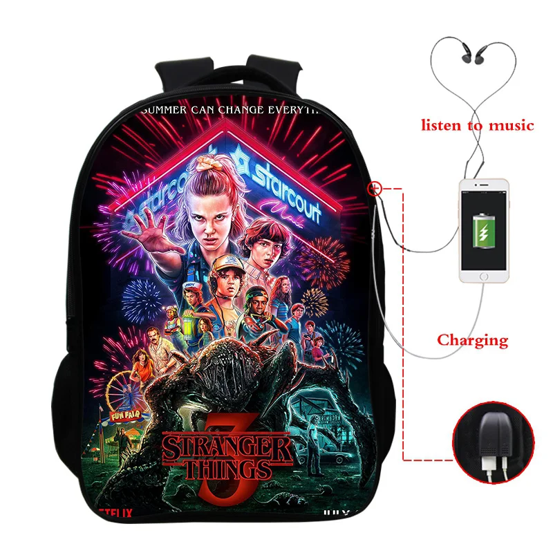 

Stranger Things 3 Multifunction USB Charge School Bags Students Boys Girls Rucksack Laptop Backpack for Teenagers Travel Bags