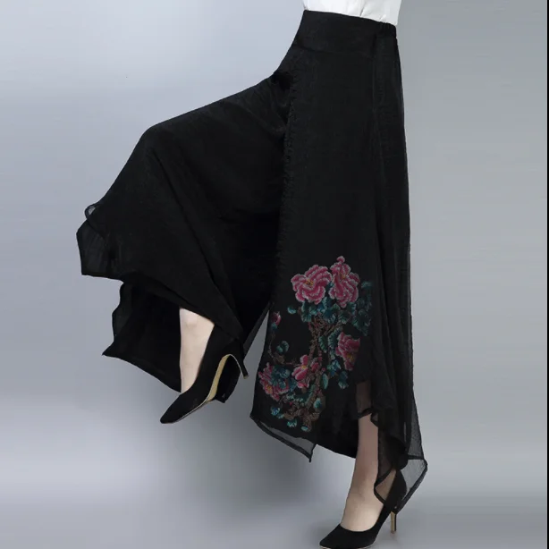 2019 Summer Ethnic Style Vintage Embroidery Wide Leg Pants High Waist Trousers Women Loose Black White Skirt AQ334 | Женская одежда