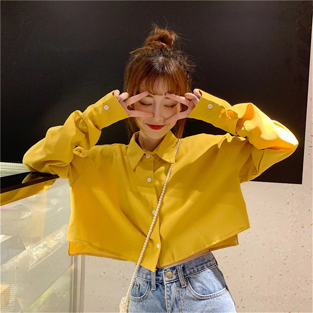 Women's long sleeved shirt and folding neckline short simple top solid color retro Korean style slim fit student 2021 | Женская