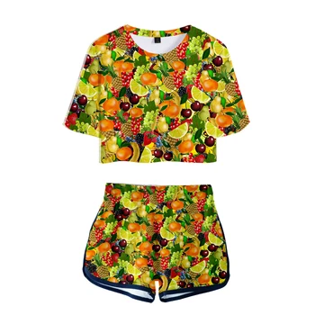 

2019 New Fruit Pattern Cute Style Two-piece Fashion Summer Umbilical Shirt Woman Fashion Casual Cool Summer Fashion Set