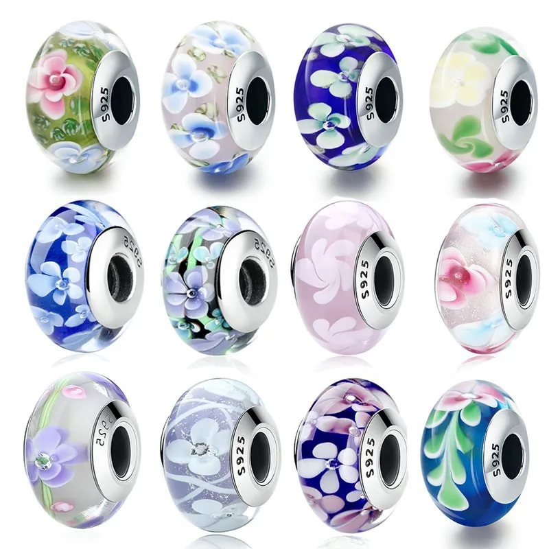 

Hotsale 925 Sterling Silver Purple European Murano Glass Beads Charms Fit BISAER Bracelets DIY Accessories ECZ033