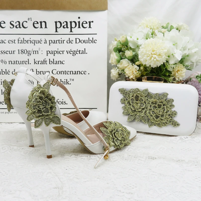 

High Heels Summer Sandals Wedding Shoe Bride Round Toe Ankle Strap Ladies Party Pumps Woman big size shoe purse set White Shoe