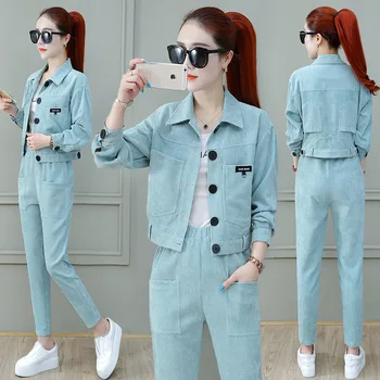 

Two piece set top and pants autumn new temperament pocket long sleeve single-breasted short jacket trousers fashion two-piece