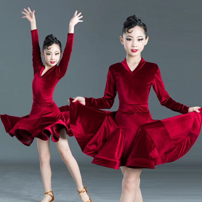 New Girls Latin Dresses for Dancing Ballroom Dance Dress Rumba Samba Velvet Children Samba Cha Cha Tango dress Standard Salsa