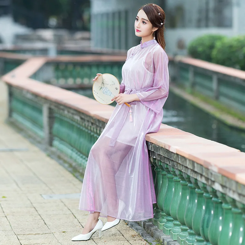 Long dress JSXDHK винтажное бальное платье градиентного цвета Свободное женское платье Весна Лето зеленая вуаль платье с воротником-стойкой элегантные сетчатые длинные платья - Цвет: Long dress