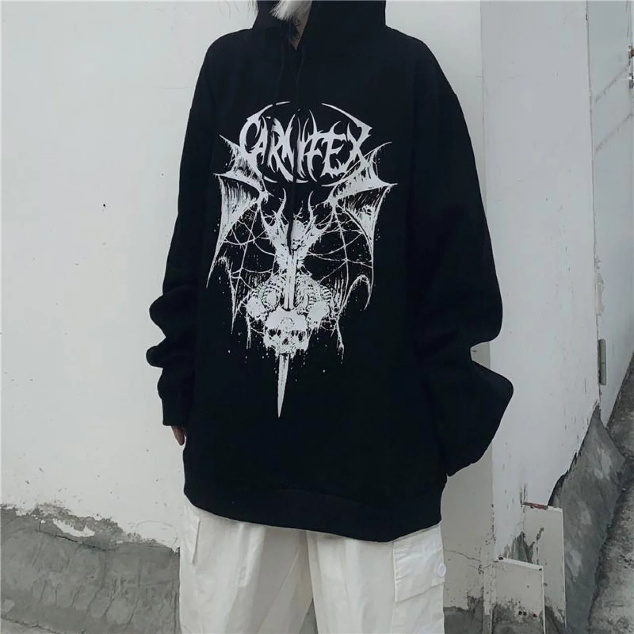 2021 Newest Korean Women's Printed Zipper Ribbon Oversized Hoodie Sweatshirts Retro Black Jacket Sweatshirt Streetwear