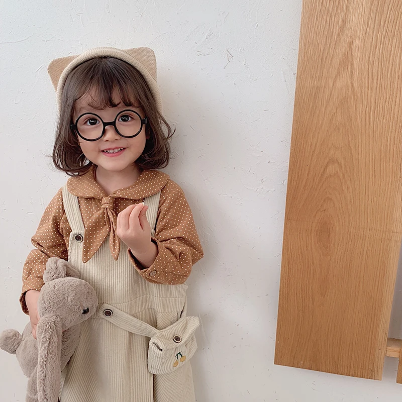 

2019 autumn new baby girls corduroy shoulder straps removable cherry dress children solid color sleeveless dress