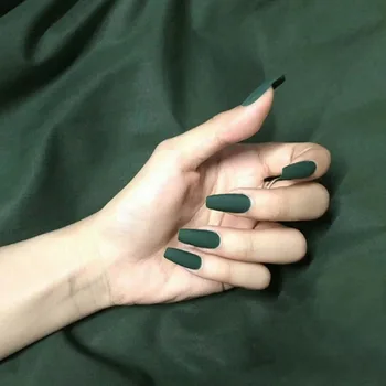

24pcs/box full cover press on nails Dark Green Pure Color Matte Mid-length size Ballerina Shape Fake Nails with Glue for Girls
