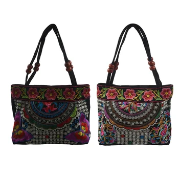 

AUAU-2x Women Handbag Embroidery Ethnic Summer Fashion Handmade Flowers Ladies Tote Shoulder Bags (Purple Butterfly&Flowers)