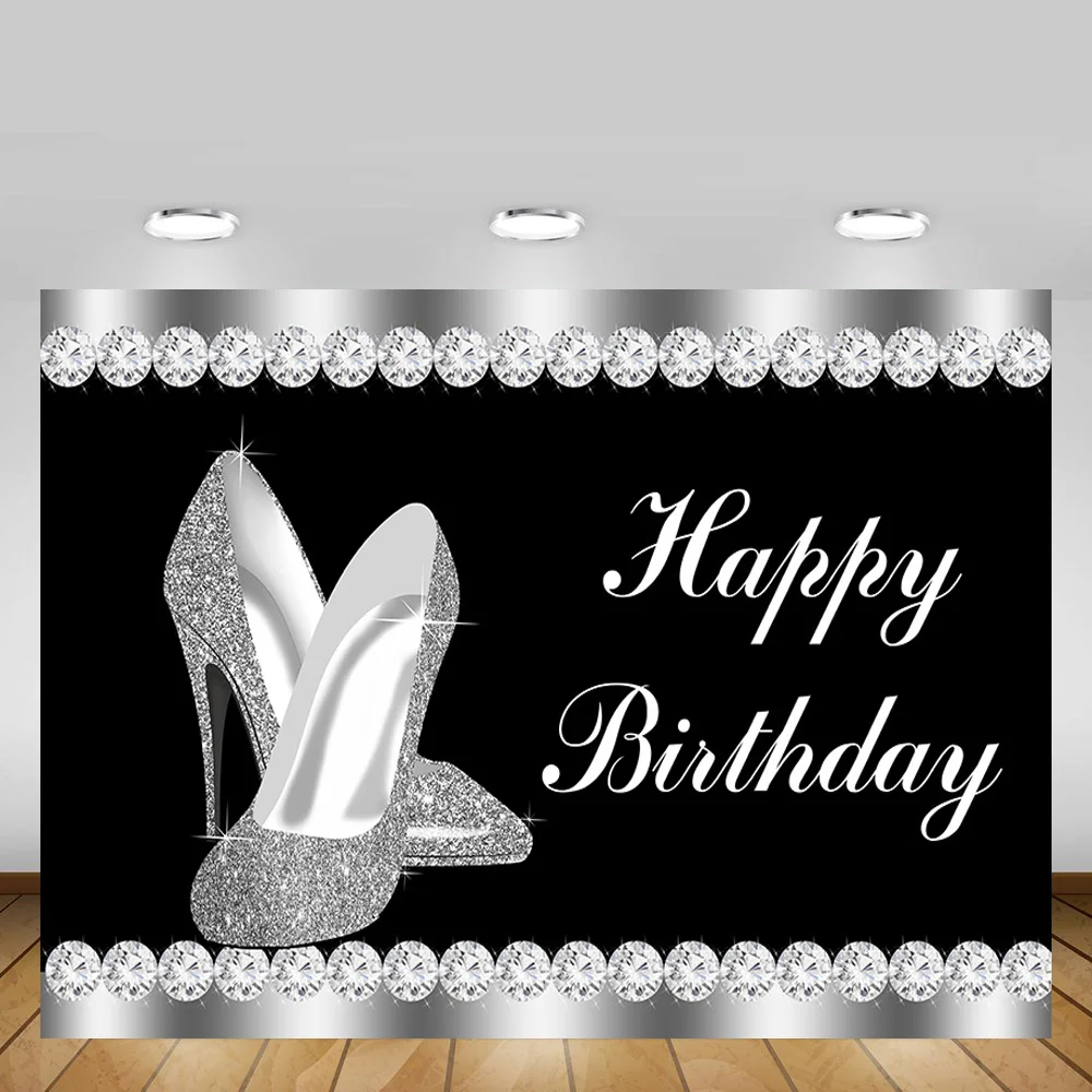 

Mehofond Happy Birthday Party Backdrop Silver High Heels Diamond Woman Portrait Photography Background Banner Photo Studio Props