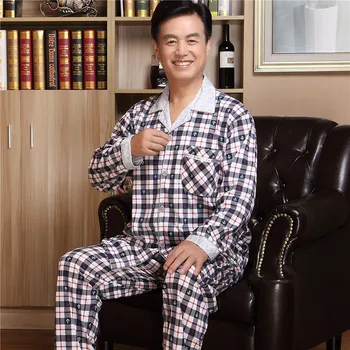 

Spring and Autumn Multi--Men Pajamas Cotton Long Sleeve Plus-sized Middle-aged Dad Homewear Set