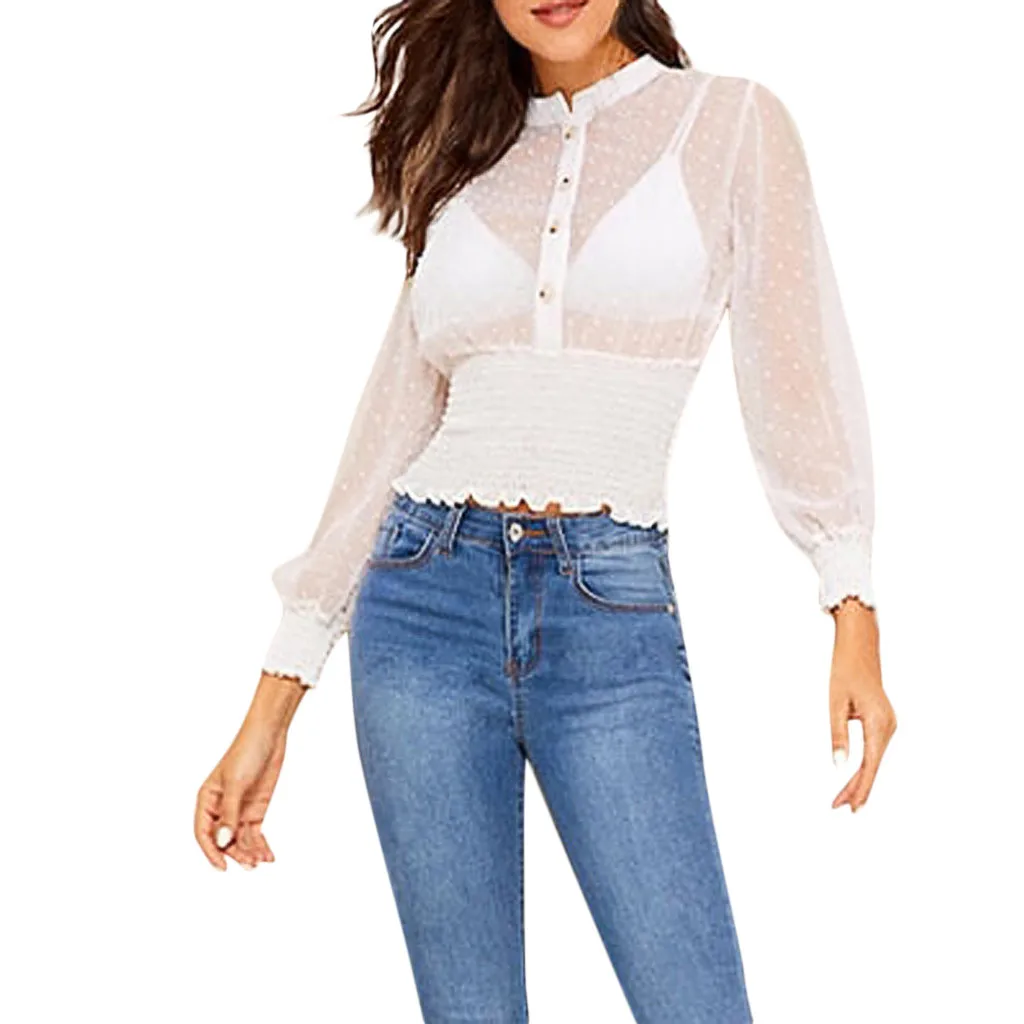 Женская Повседневная Блузка с воротником стойкой длинным рукавом blusas mujer de moda 2019|