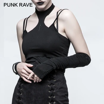 

PUNK RAVE Women Gothic Black Gloves Steampunk Rock Stitching Fingerless Long Gloves Female Evening Party Sun-protective Sleeve