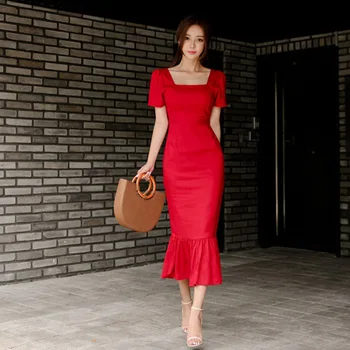 

New Celebrity Party Dress Women Red Short Sleeve Square Neck Sexy Night Out Club Dress Women Mermaid Evening Dress Vestidos