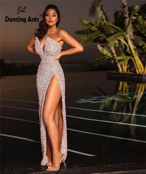 

Women Dresses Sleeveless Strapless Deep V-neck Sexy Prom Gowns Solid Backless Side Split Sequined Female Long Party Dresses