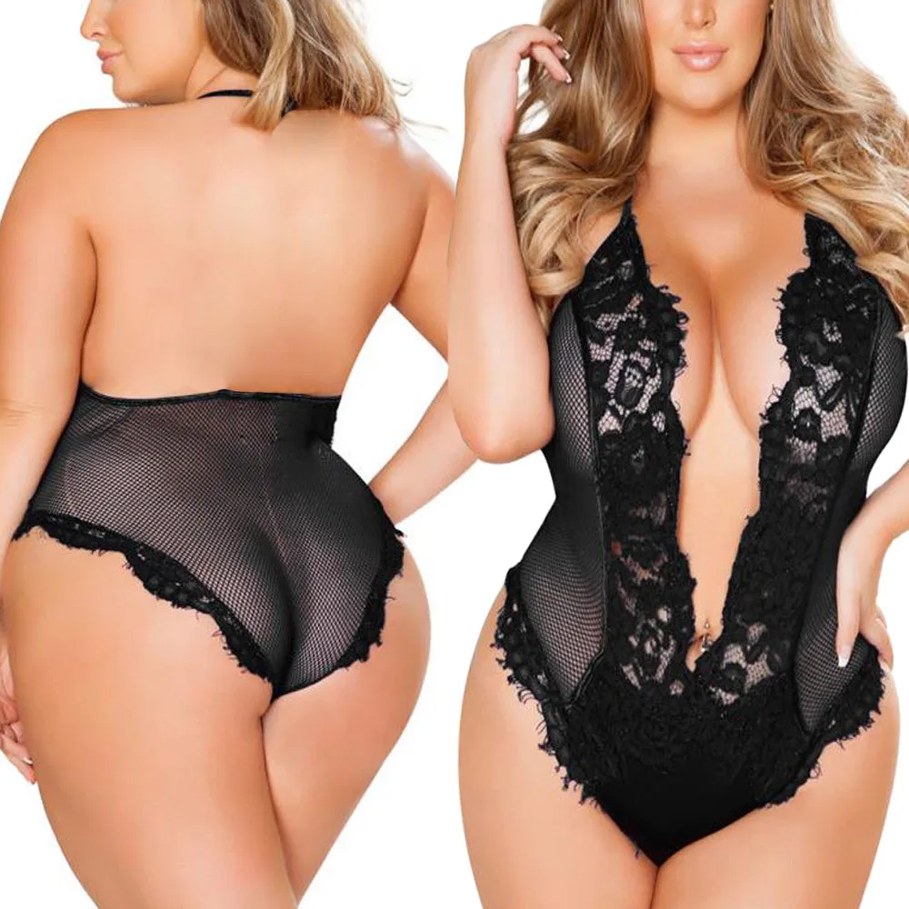 Женские Боди, большие размеры 3XL-5XL, женское однотонное черное белье с завязками, открытая спина, прозрачное, перспективное белье, сексуальное боди, ночное белье