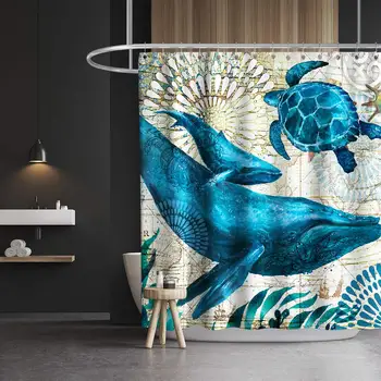 

Nautical Whale and Sea Turtle Shower Curtain Sea Animals Beach Theme Cloth Fabric Kids Bathroom Decor Set with Hooks Waterproof