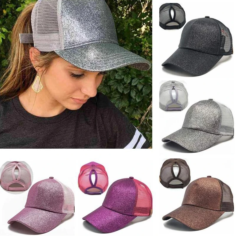 cute baseball caps 2021 Glitter Women Baseball Cap Ponytail Mesh Snapback Hat Casual Sport Sun Caps Sequins Shining Washed Cotton Adjustable Hats ladies baseball cap