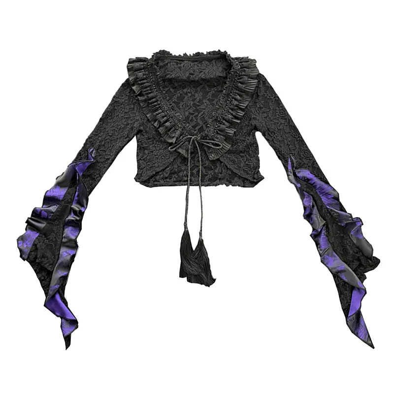 Original Design Gothic Black Lace Wrap Coat Long Flare Sleeve Tassels V Neck Asymmetric Short Open Stitch Summer
