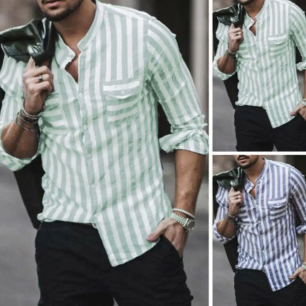 Модная мужская полосатая рубашка с двойными карманами и стоячим воротником, с длинным рукавом, на пуговицах, с пуговицами и полосками