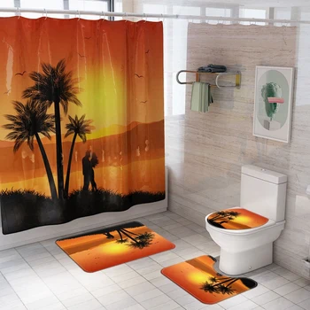

Waterproof Bathroom Shower Curtain Valentine's Day Printing Bath Curtain Toilet Cover Mat Set Non-Slip Rugs