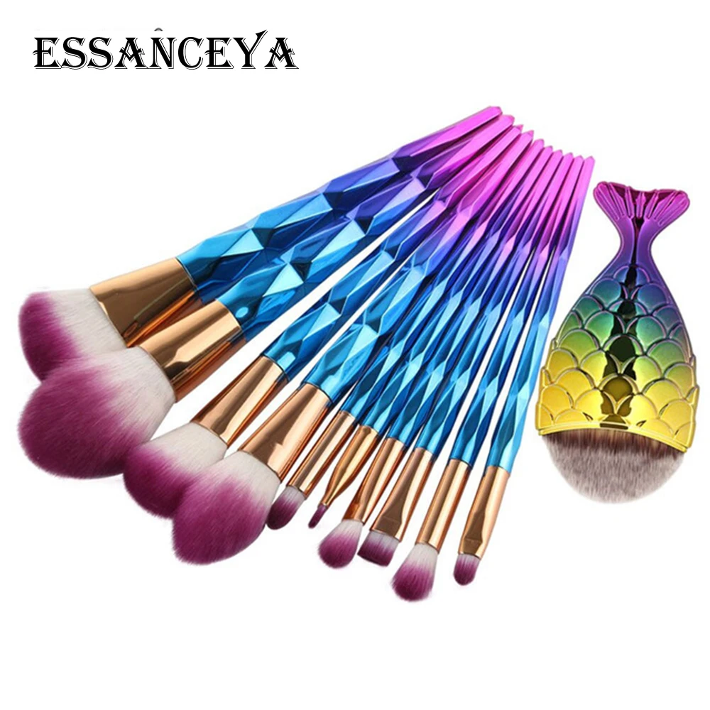 11PCS ESSANCEYA Горячая 11/21 шт. Русалка алмазные кисти для макияжа комплект рыбий хвост основа для макияжа лица Румяна Тени для век макияж кисть для смешивания кисти для макияжа - Handle Color: 11PCS