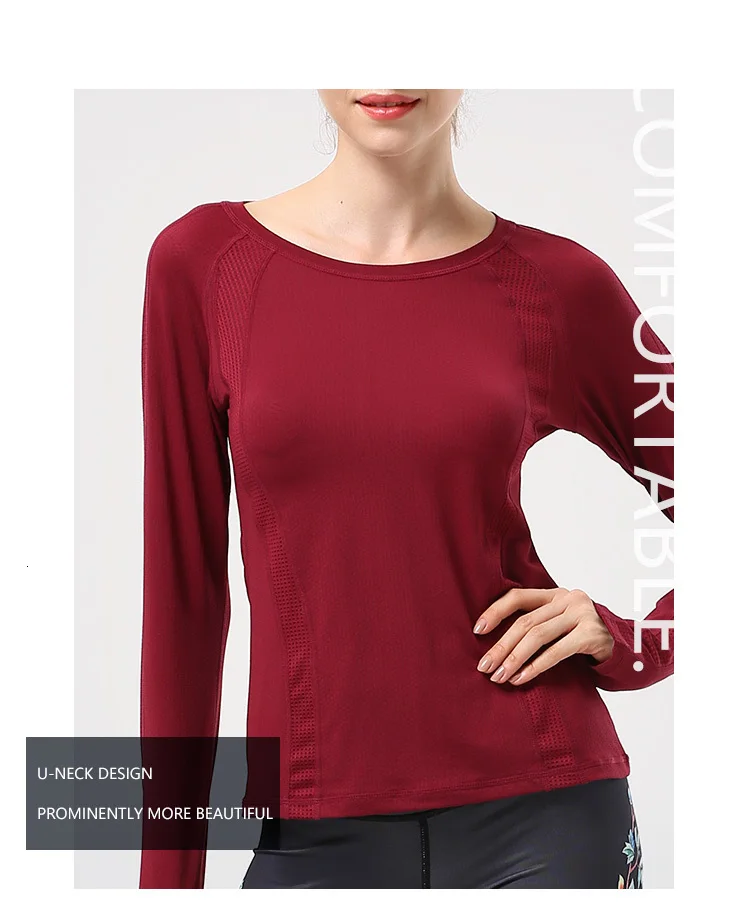 Красная рубашка для йоги, Женская Спортивная футболка для спортзала, фитнеса, женский спортивный топ, футболки с длинным рукавом, базовая футболка с круглым вырезом, футболки, топы, camiseta femin
