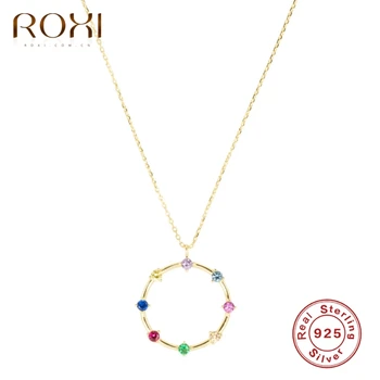 

ROXI Mini Colorful Stone Round Pendant Necklaces for Women Jewelry 925 Sterling Silver Clavicle Gold Necklace Collares Chain
