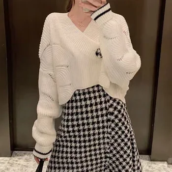 

Sweat Suits Women Autumn and Winter Fashion Long Sleeve Sweater Pullover Houndstooth Skirt Sweater Suit Two-piece Set NS1603